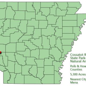 map outlining Arkansas counties with red pin near southwest boundary
