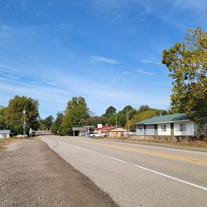 Small town street scene with buildings